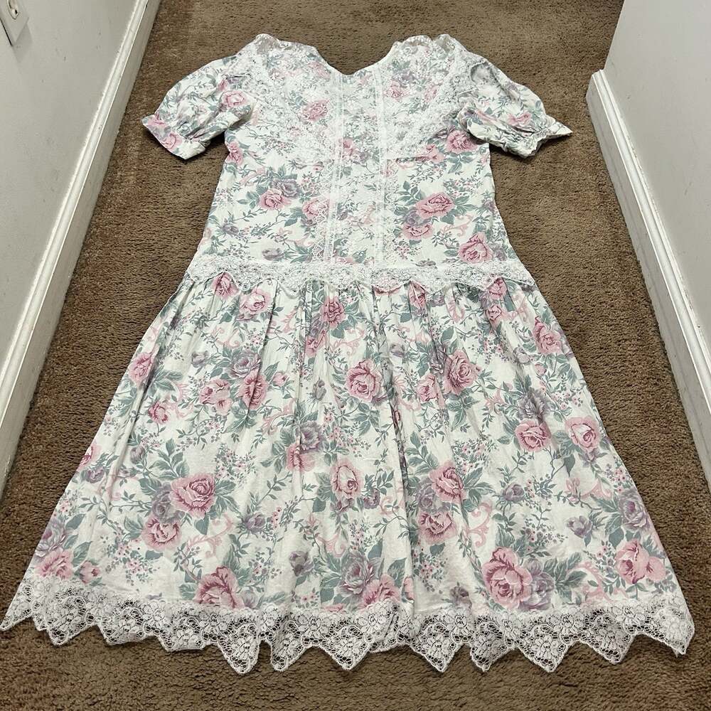Gunne Sax Jessica McClintock Floral Dress W Lace Size 13/14 Cottage Core